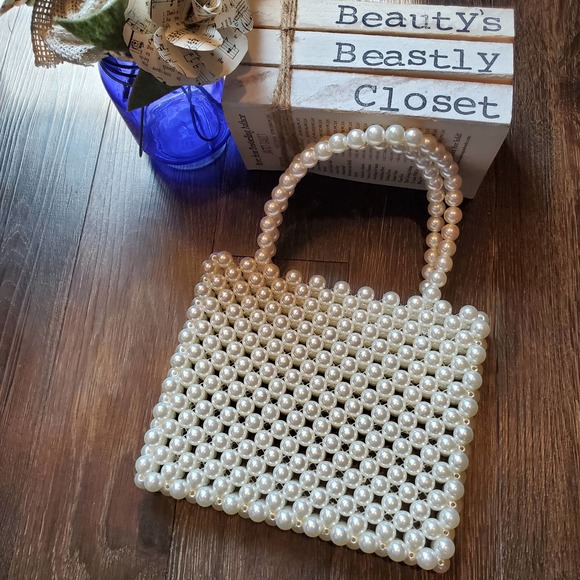 Anthropologie Handbags - Retro Pearl Beaded Crochet Woven Handbag Mini Square Dual Handle Purse
